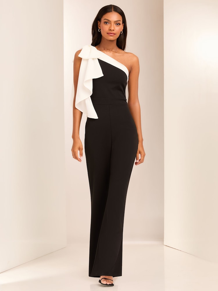 Lipsy Black and White Petite One Shoulder Bow Jumpsuit - Image 2 of 4