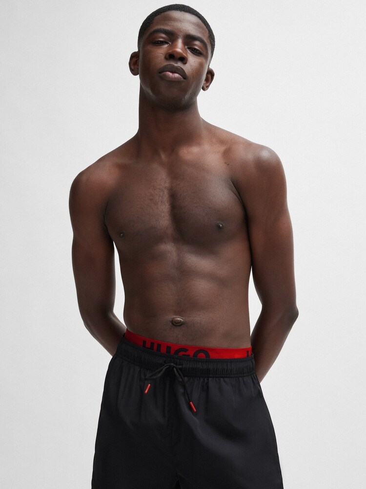 HUGO Black Double-Waistband Logo Swim Shorts - Image 1 of 4 HUGO Black Double-Waistband Logo Swim Shorts - Image 1 of 4