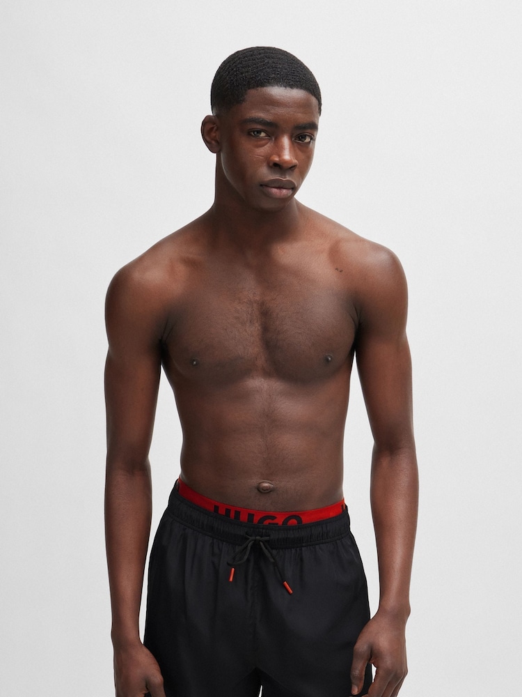 HUGO Black Double-Waistband Logo Swim Shorts - Image 2 of 4 HUGO Black Double-Waistband Logo Swim Shorts - Image 2 of 4