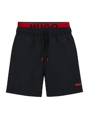 HUGO Black Double-Waistband Logo Swim Shorts - Image 4 of 4