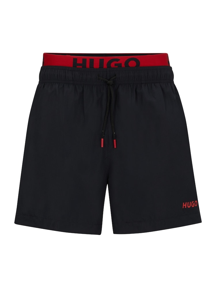 HUGO Black Double-Waistband Logo Swim Shorts - Image 4 of 4