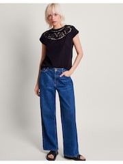 Monsoon Black Cutwork Garcia 100% Cotton T-Shirt - Image 1 of 5
