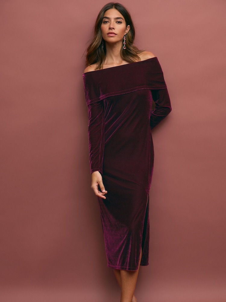 Burgundy Red Bardot Velvet Midi Dress - Image 1 of 7