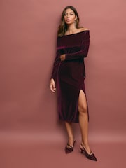 Burgundy Red Bardot Velvet Midi Dress - Image 2 of 7