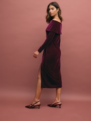 Burgundy Red Bardot Velvet Midi Dress - Image 3 of 7