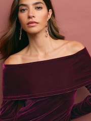 Burgundy Red Bardot Velvet Midi Dress - Image 4 of 7