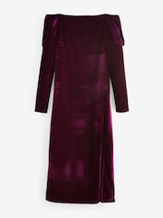 Burgundy Red Bardot Velvet Midi Dress - Image 5 of 7