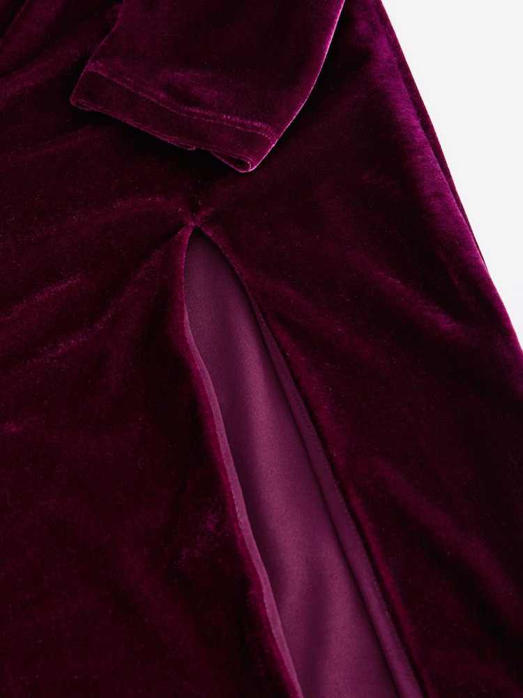 Burgundy Red Bardot Velvet Midi Dress - Image 7 of 7