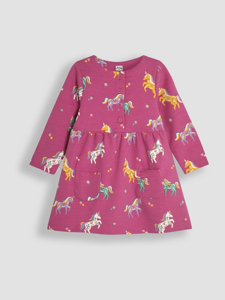 JoJo Maman Bébé Fuchsia Pink Unicorn Button Front Dress - Image 1 of 3