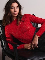 Red Slash Neck Long Sleeve Lace Top - Image 1 of 8