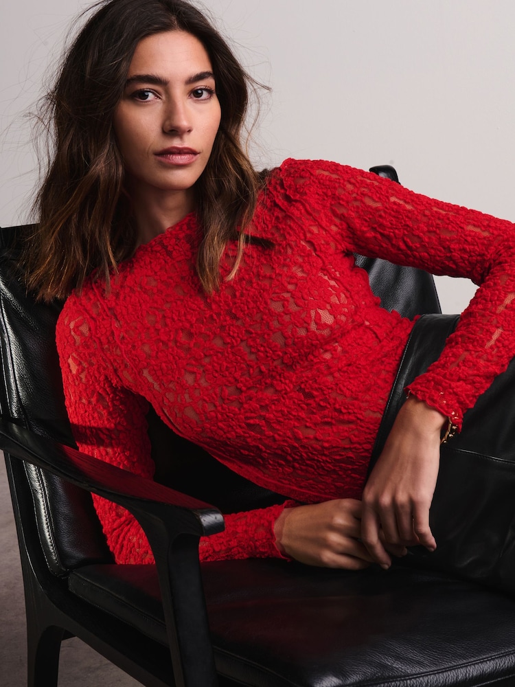 Red Slash Neck Long Sleeve Lace Top - Image 1 of 8