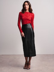 Red Slash Neck Long Sleeve Lace Top - Image 2 of 8