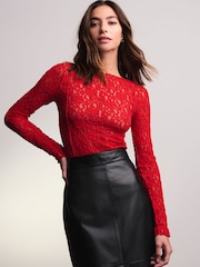 Red Slash Neck Long Sleeve Lace Top - Image 4 of 8