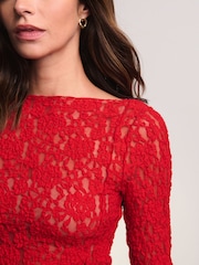 Red Slash Neck Long Sleeve Lace Top - Image 5 of 8