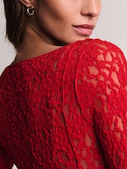 Red Slash Neck Long Sleeve Lace Top - Image 6 of 8