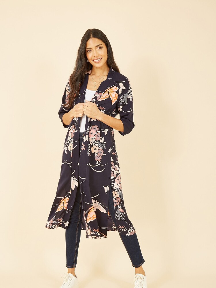 Yumi Blue Butterfly Print Long Kimono Jacket - Image 1 of 5