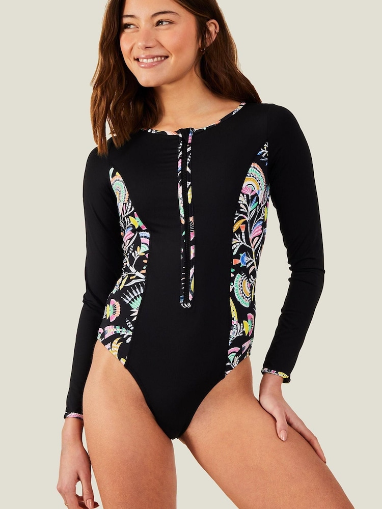 Accessorize Black Long Sleeve Panel Swimsuit - Image 1 of 4