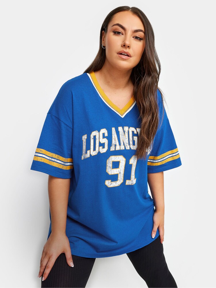 Yours Curve Blue V-Neck Varsity Slogan T-Shirt - Image 1 of 4