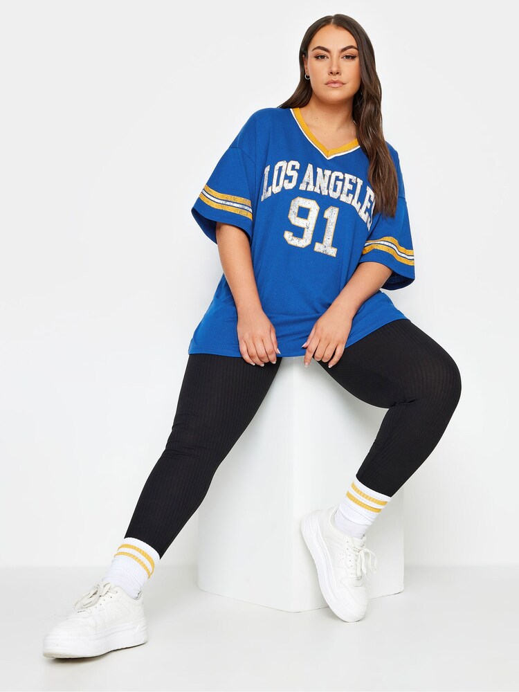 Yours Curve Blue V-Neck Varsity Slogan T-Shirt - Image 2 of 4