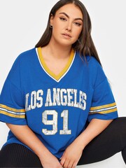 Yours Curve Blue V-Neck Varsity Slogan T-Shirt - Image 4 of 4