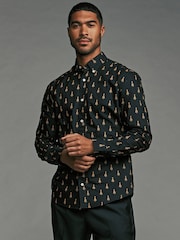 Black and Gold Tree Long Sleeve Christmas Print 100% Cotton Oxford Shirt - Image 1 of 11