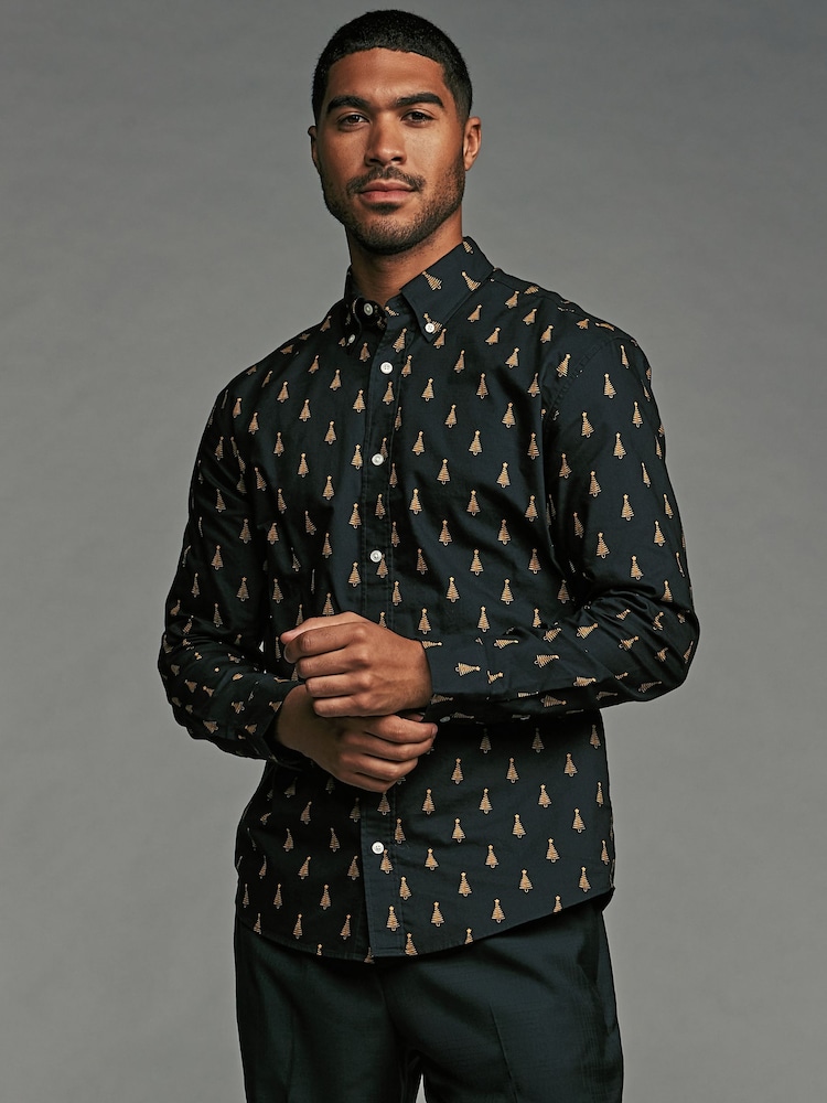 Black and Gold Tree Long Sleeve Christmas Print 100% Cotton Oxford Shirt - Image 1 of 11