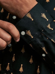 Black and Gold Tree Long Sleeve Christmas Print 100% Cotton Oxford Shirt - Image 7 of 11