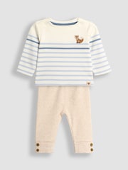 JoJo Maman Bébé Blue Fox Embroidered Breton Top And Rib Leggings Set - Image 1 of 6