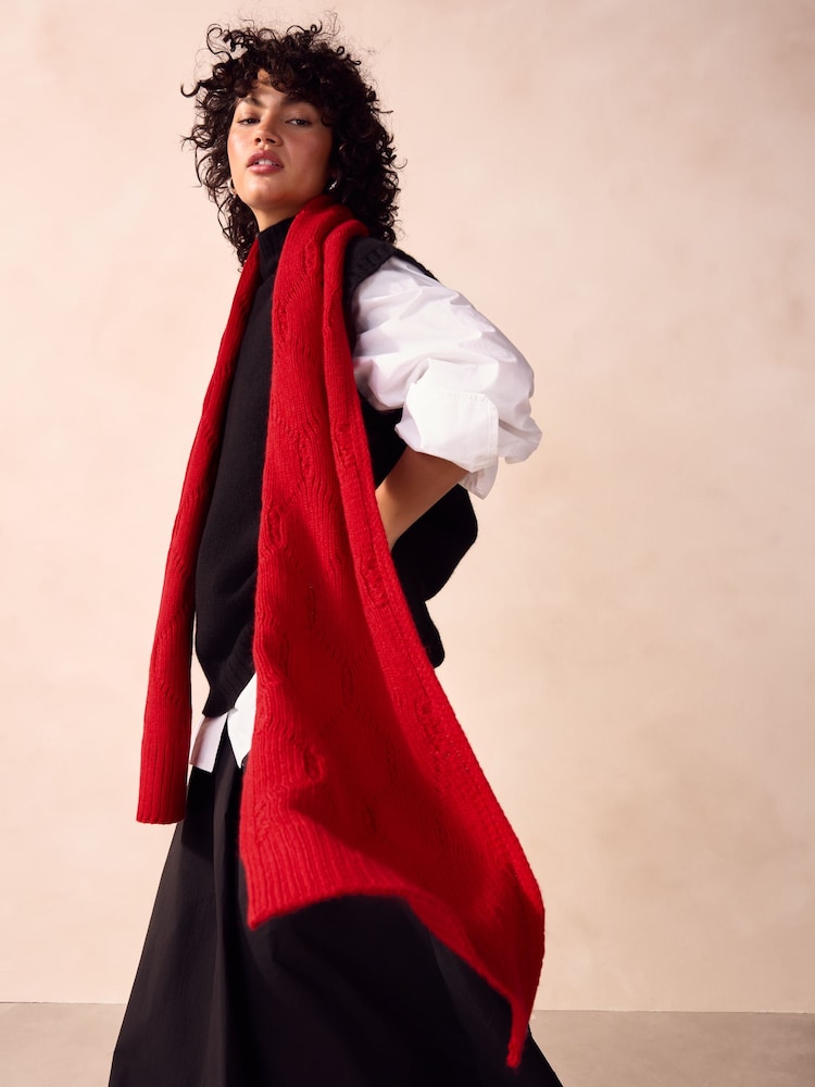 Red Soft Touch Co-ord Cable Knitted Scarf with Wool - Image 2 of 6