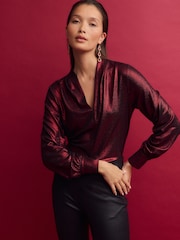 Red Long Sleeve Shimmer V-Neck Blouse - Image 1 of 7