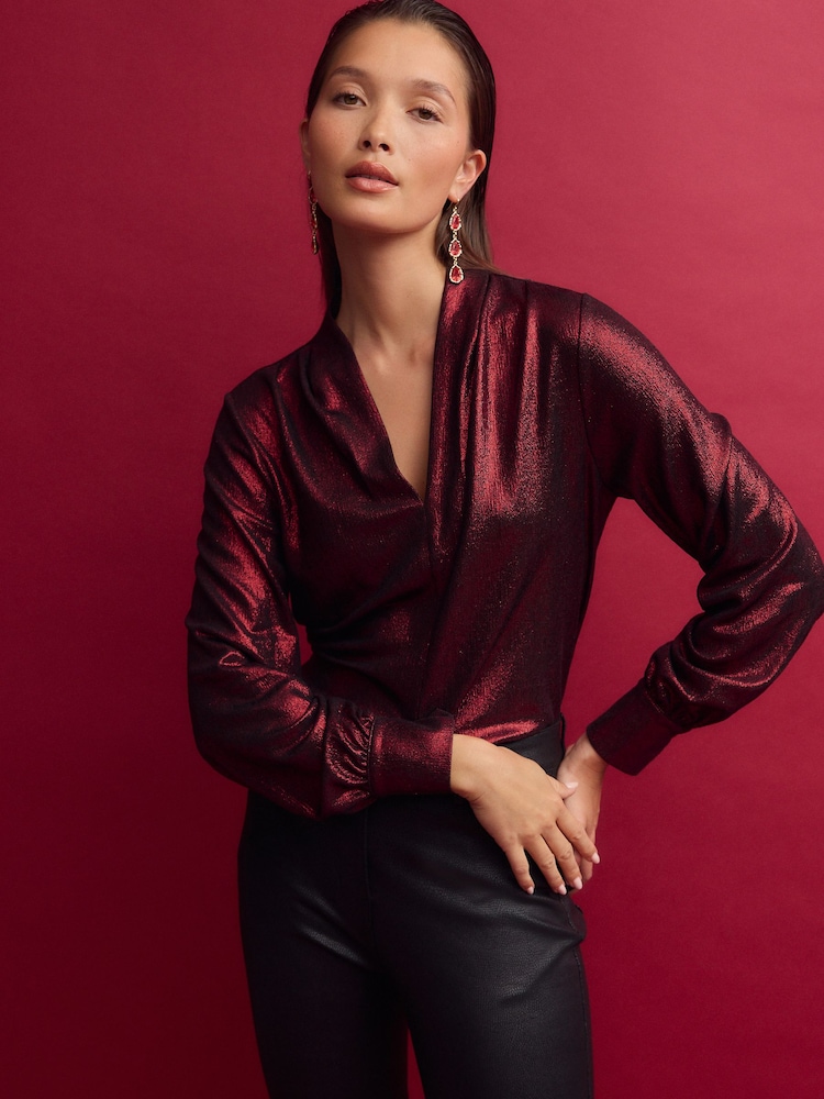 Red Long Sleeve Shimmer V-Neck Blouse - Image 1 of 7