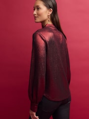 Red Long Sleeve Shimmer V-Neck Blouse - Image 3 of 7