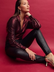 Red Long Sleeve Shimmer V-Neck Blouse - Image 4 of 7