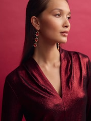 Red Long Sleeve Shimmer V-Neck Blouse - Image 5 of 7