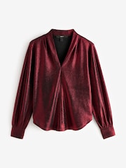 Red Long Sleeve Shimmer V-Neck Blouse - Image 6 of 7