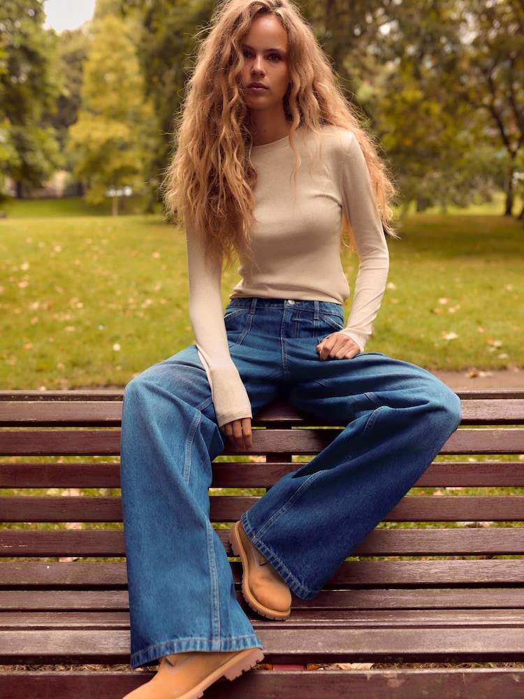 Blue Adjustable Cinch Back Wide Leg 100% Cotton Jeans - Image 1 of 8