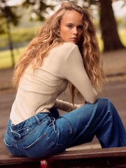 Blue Adjustable Cinch Back Wide Leg 100% Cotton Jeans - Image 3 of 8