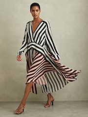 Reiss Navy/Off White Nola Colourblock Stripe Asymmetric Midi Dress - Image 1 of 6