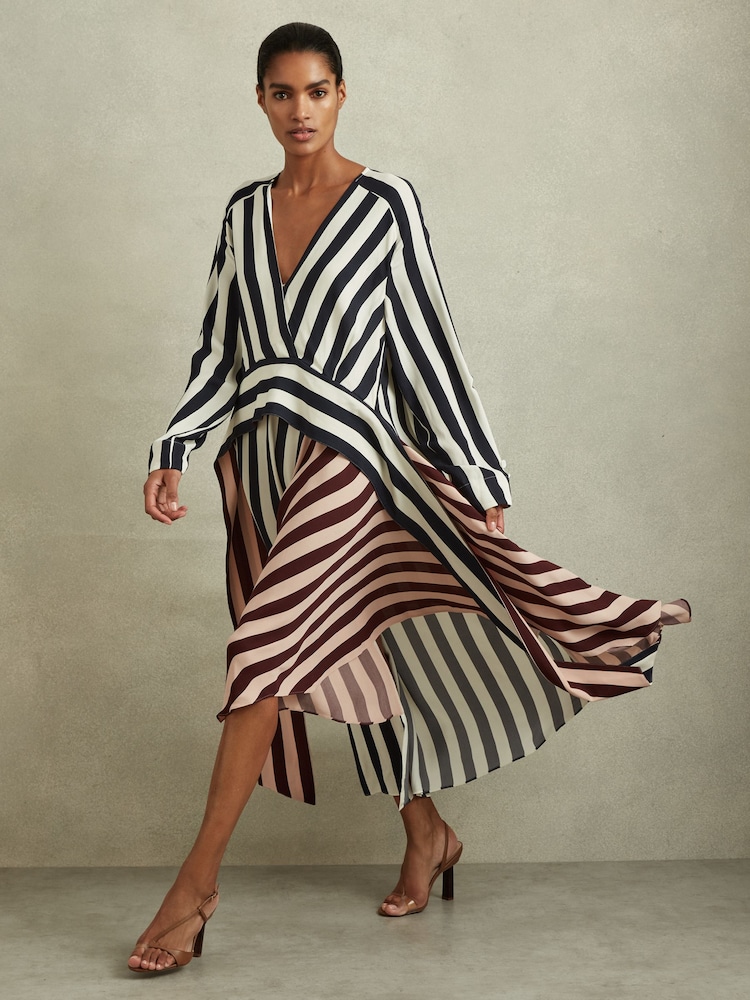 Reiss Navy/Off White Nola Colourblock Stripe Asymmetric Midi Dress - Image 1 of 6