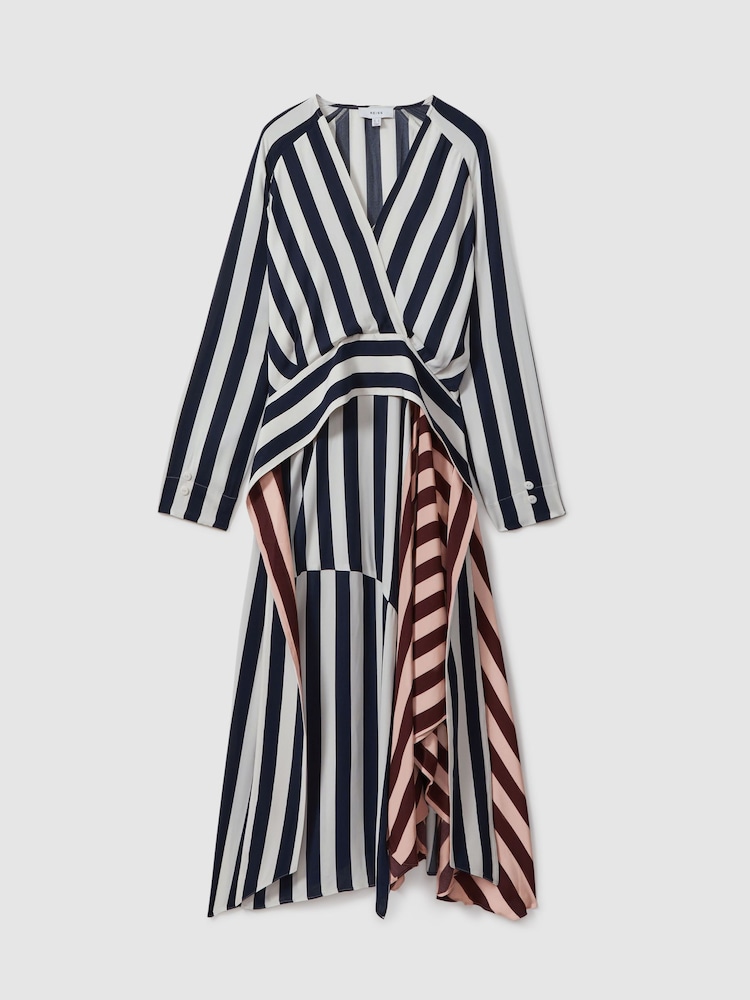 Reiss Navy/Off White Nola Colourblock Stripe Asymmetric Midi Dress - Image 2 of 6