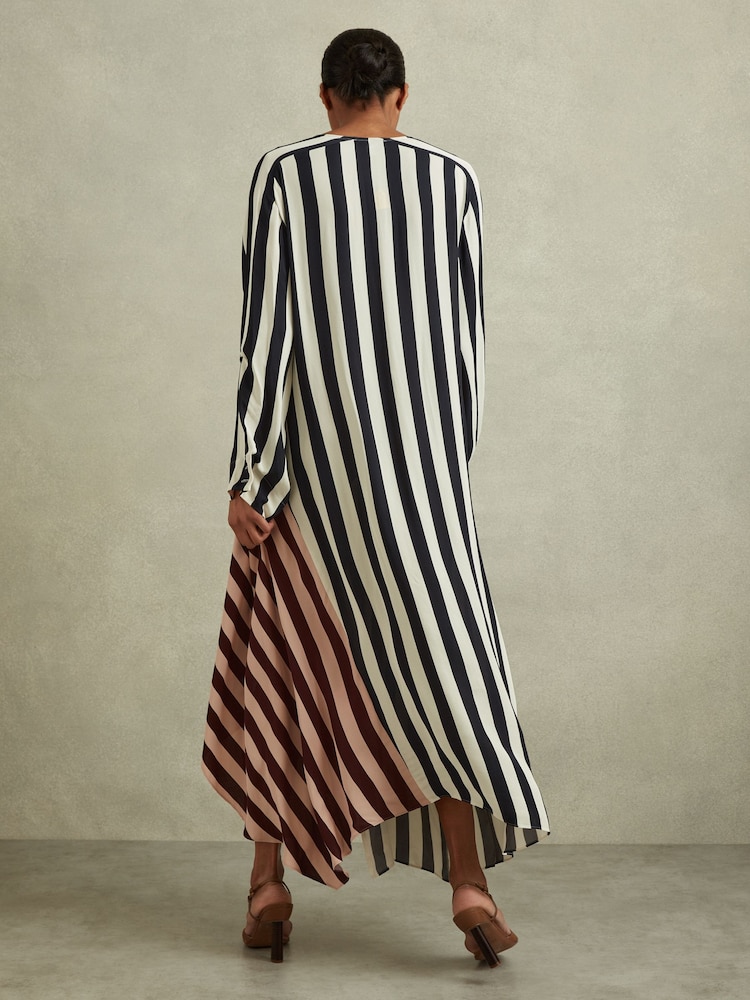 Reiss Navy/Off White Nola Colourblock Stripe Asymmetric Midi Dress - Image 5 of 6