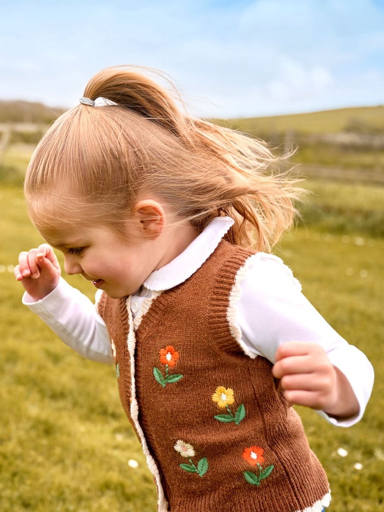 JoJo Maman Bébé Gold Floral Crochet Knitted Waistcoat - Image 2 of 5