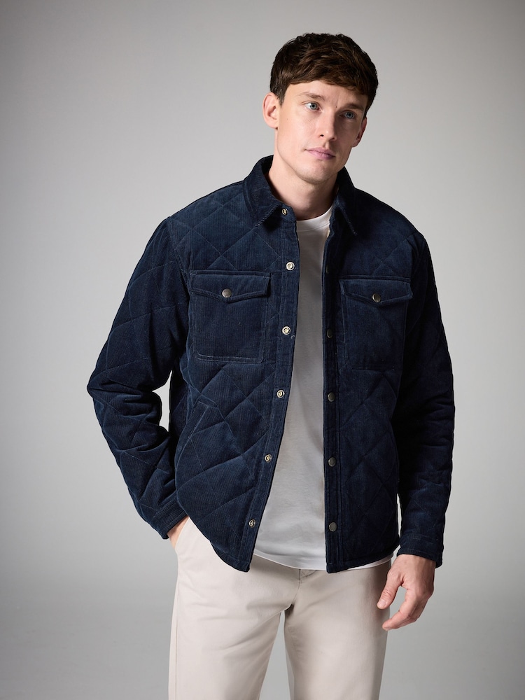 Navy Blue Borg Lined Diamond Quilt Cord Shacket - Image 1 of 10