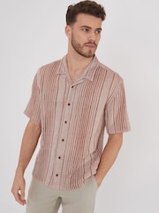 Threadbare Red 100% Cotton Blend Zig Zag Revere Collar Short Sleeve Shirt - Image 4 of 5