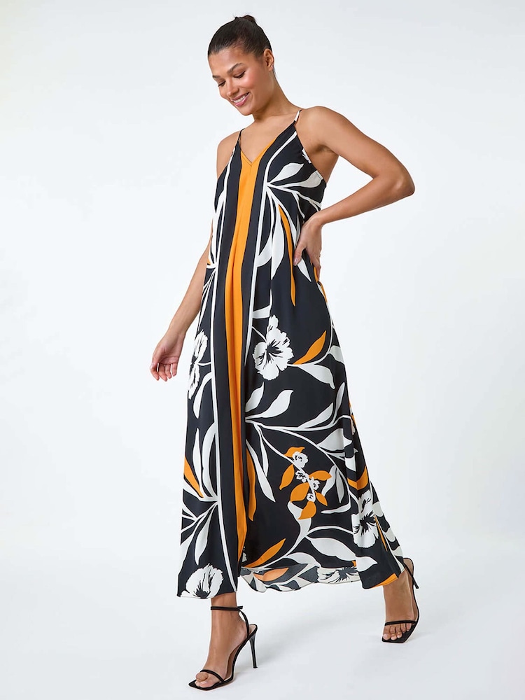 Roman Orange Floral Border Print Strappy Trapeze Dress - Image 1 of 5