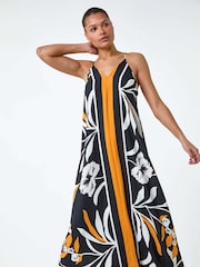 Roman Orange Floral Border Print Strappy Trapeze Dress - Image 2 of 5
