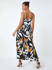 Roman Orange Floral Border Print Strappy Trapeze Dress - Image 3 of 5