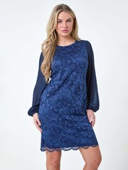 Roman Blue Pleated Sleeve Lace Shift Dress - Image 1 of 5