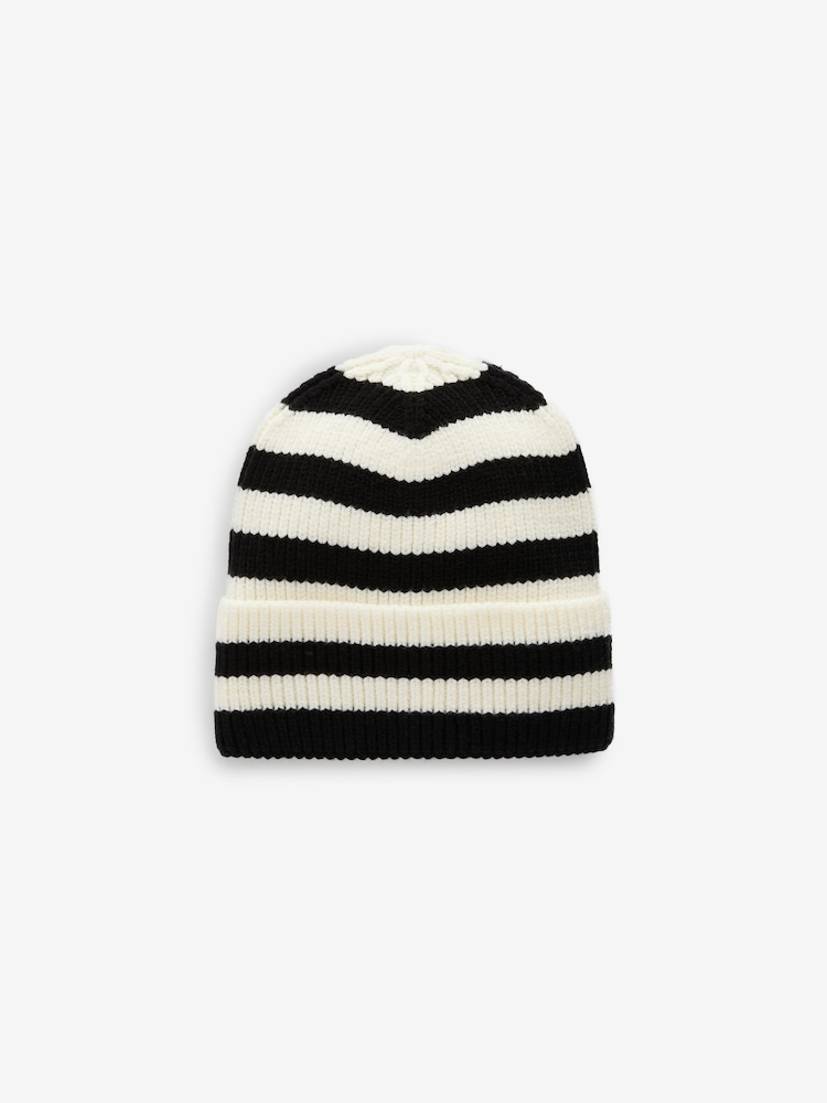 Black/Ecru Cream Stripe Rib Beanie Hat (1-16yrs) - Image 2 of 4
