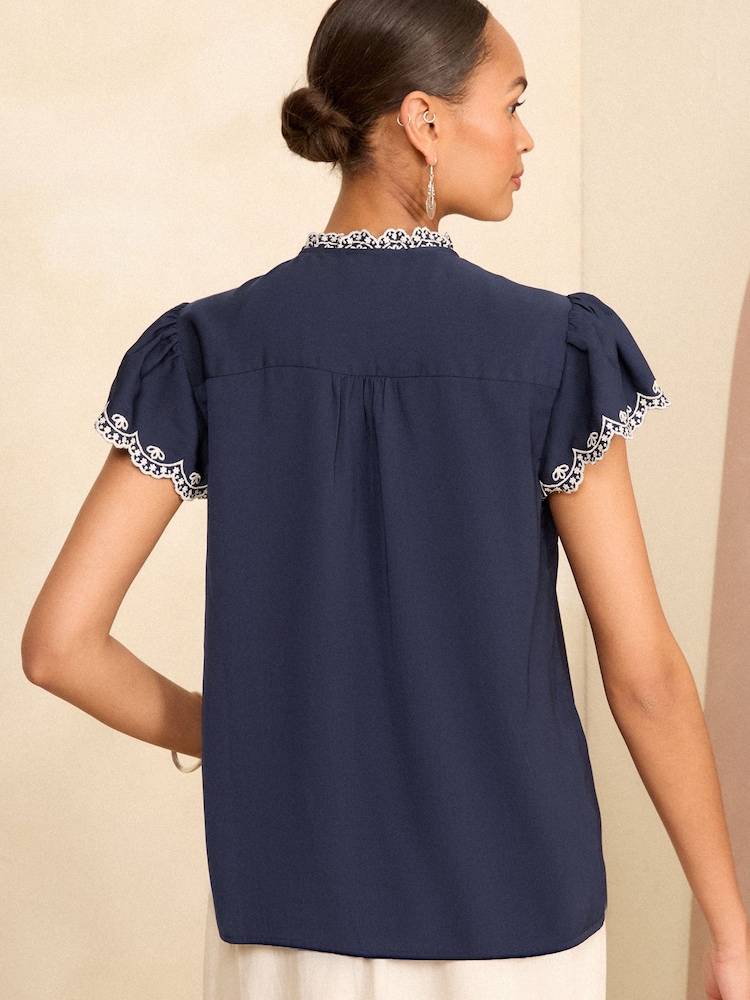 Love & Roses Navy Blue Satin Ruffle Trim V Neck Flutter Sleeve Blouse - Image 4 of 4 Love & Roses Navy Blue Satin Ruffle Trim V Neck Flutter Sleeve Blouse - Image 4 of 4